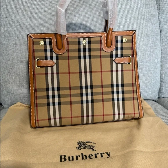 Tan Check Tote with Brown  Trim - Picture 3 of 11